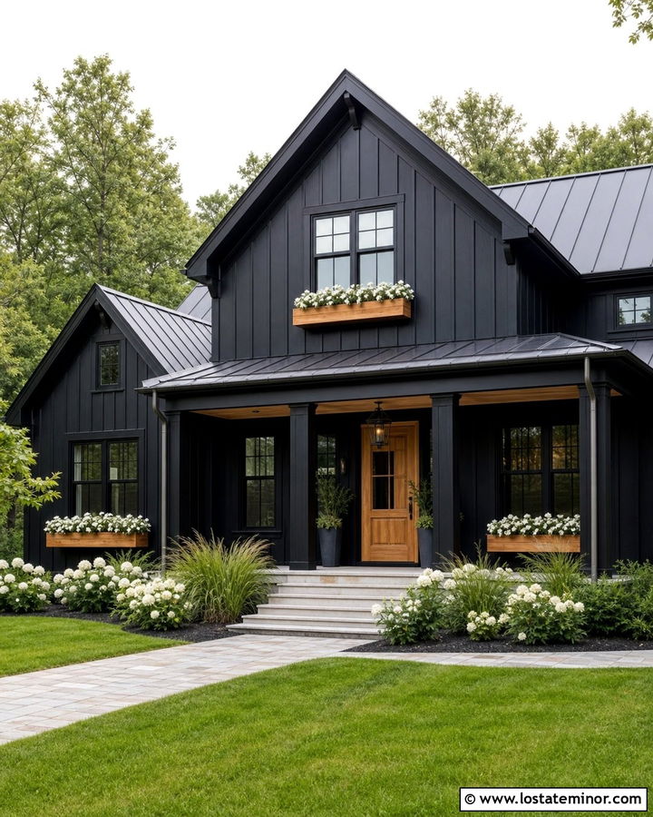Jet Black Farmhouse With Cedar Window Boxes - 30 Jet Black House Design With Window Boxes Ideas