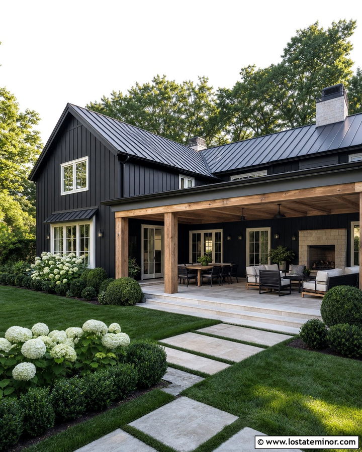Jet Black Farmhouse With Covered Patio - 30 Jet Black House Design With Backyard Ideas