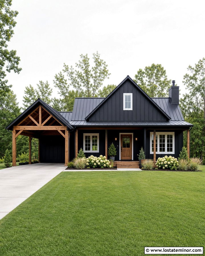 Jet Black Farmhouse With Gabled Carport - 30 Jet Black House Design With Carport Ideas