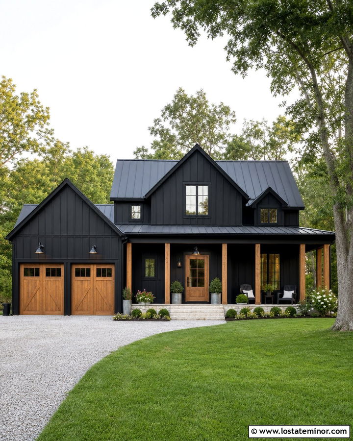 Jet Black Farmhouse With Gooseneck Light Fixtures - 30 Jet Black House Design With Light Fixtures Ideas