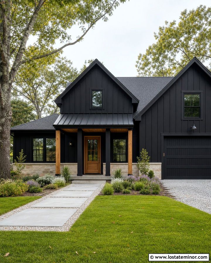 Jet Black Farmhouse With Metal Roof Portico - 30 Jet Black House Design With Portico Ideas