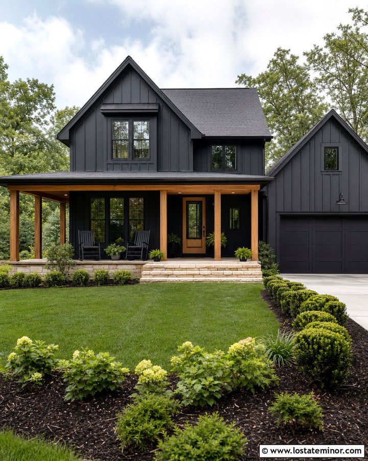 Jet Black Farmhouse With Mustard Door And Black Storm Door - 30 Jet Black House Design With Storm Door Ideas