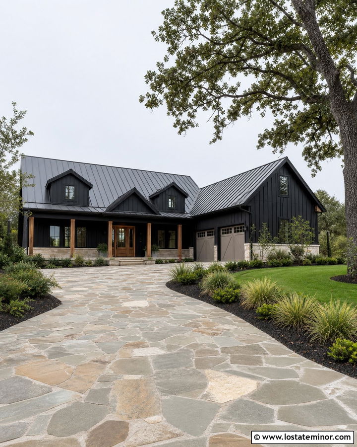 Jet Black Farmhouse With Natural Stone Driveway - 30 Jet Black House Design With Driveway Ideas