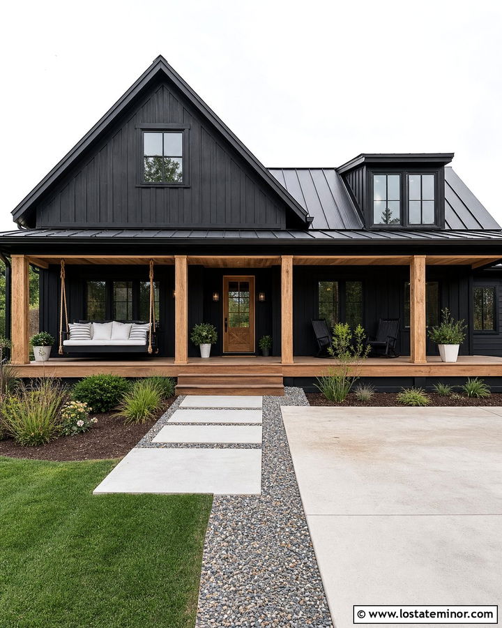 Jet Black Farmhouse With Porch Swing Daybed - 30 Jet Black House Design With Daybed Ideas