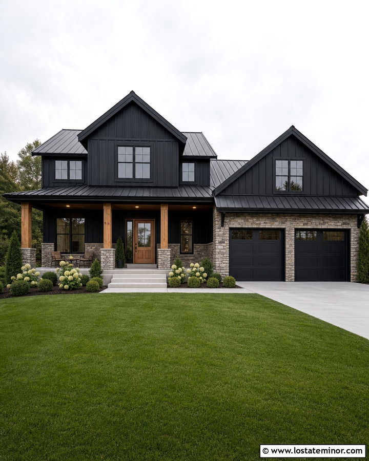 Jet Black Farmhouse With Stacked Stone Wainscoting - 30 Jet Black House Design With Wainscoting Ideas