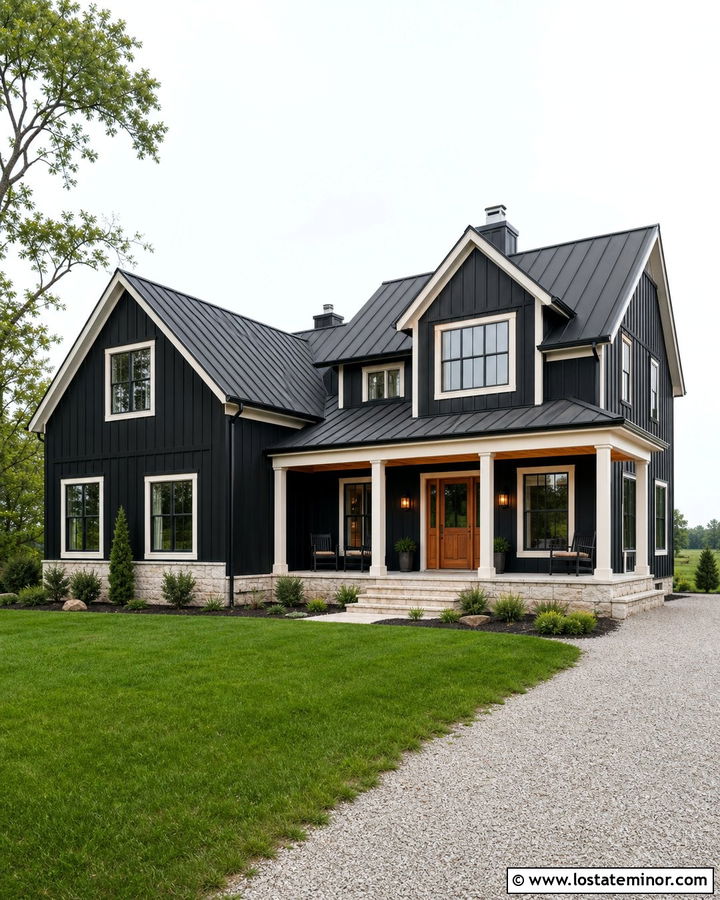 Jet Black Farmhouse With Warm White Trim - 30 Jet Black House Design With Trim Ideas