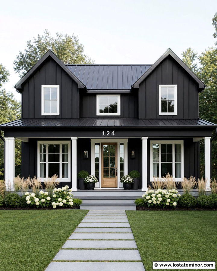 Jet Black Farmhouse With White Numbers - 30 Jet Black House Design With House Numbers Ideas