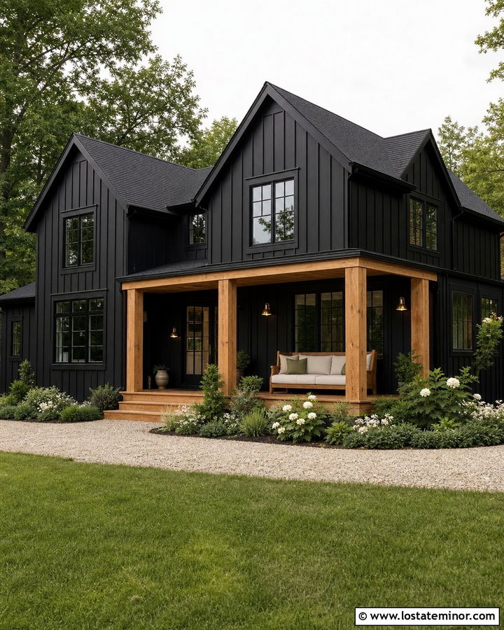 Jet Black Farmhouse With Wood Porch Daybed - 30 Jet Black House Design With Daybed Ideas