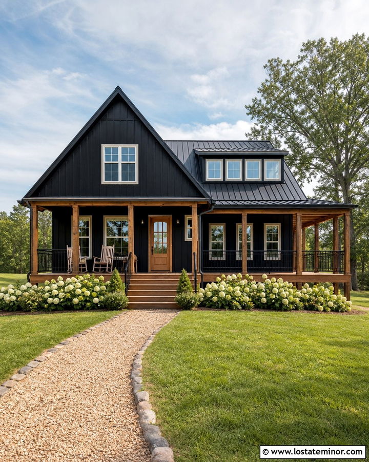Jet Black Farmhouse With Wraparound Deck - 30 Jet Black House Design With Deck Ideas