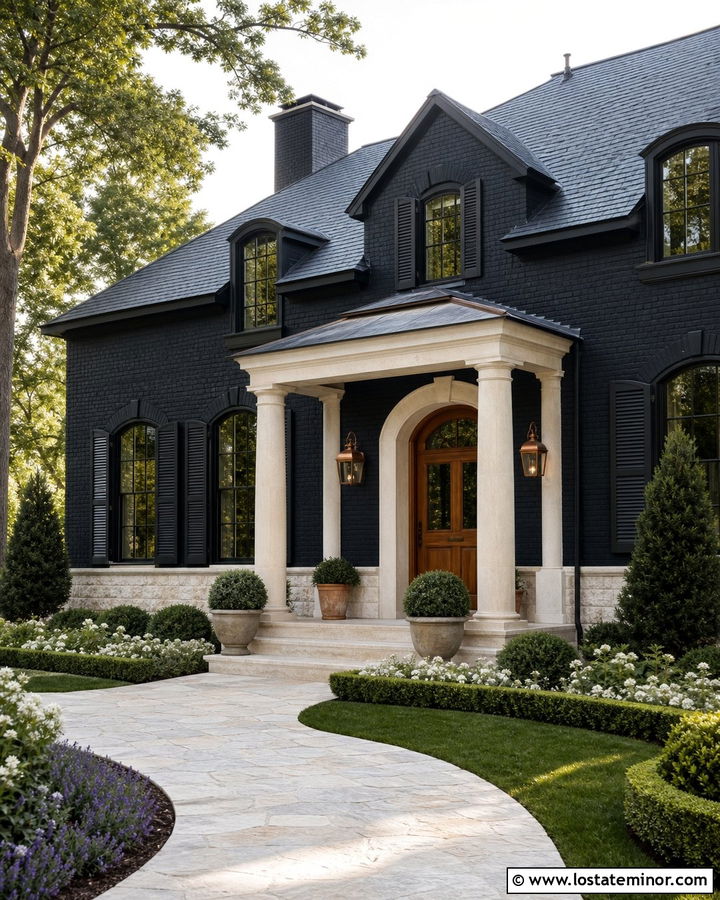 Jet Black French Country House With Limestone Porch Columns - 30 Jet Black House Design With Porch Columns Ideas