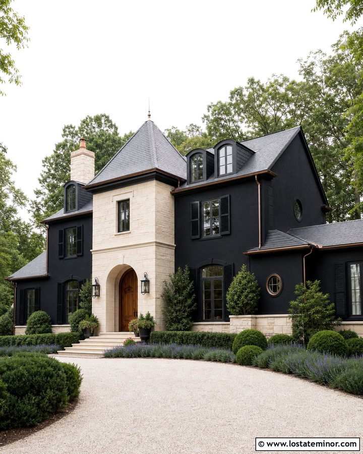 Jet Black French Country House With Limestone - 30 Jet Black House Design With Stone Accents Ideas