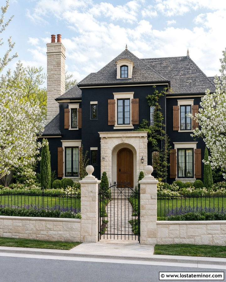 Jet Black French Country House With Stone Fence - 30 Jet Black House Design With Fence Ideas