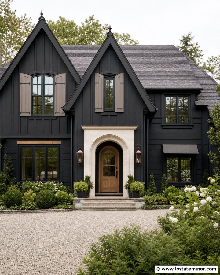 Jet Black French Country House With Taupe Shutters - 30 Jet Black House Design With Shutters Ideas