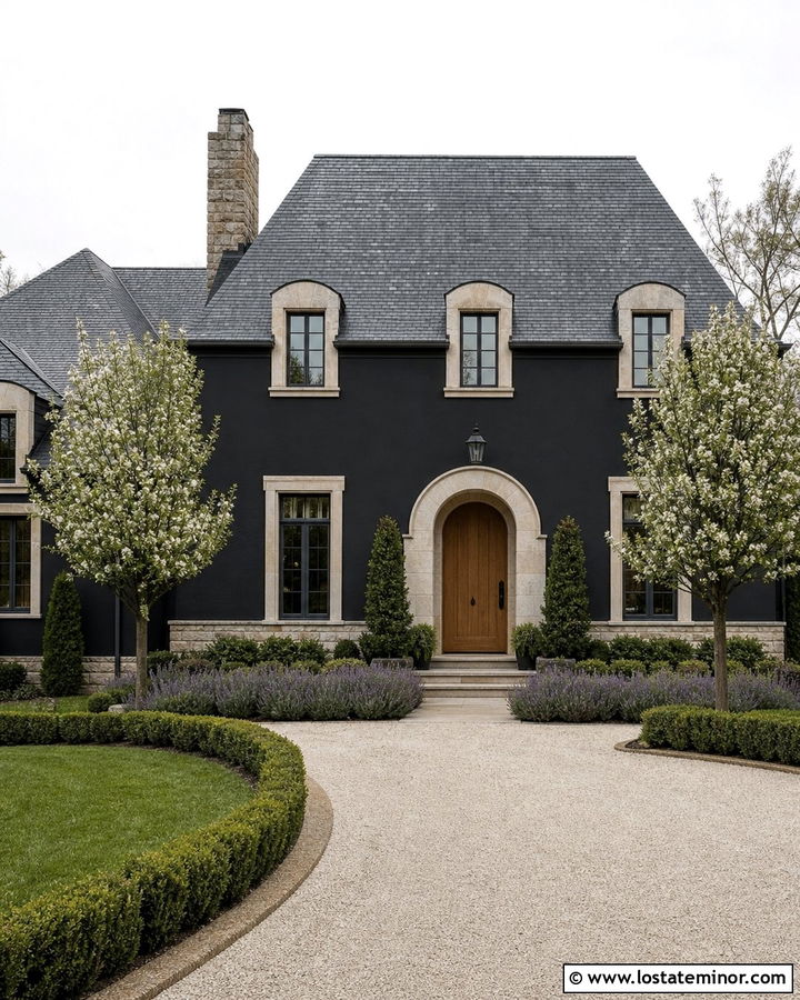 Jet Black French Country With Stone Dormers - 30 Jet Black House Design With Dormers Ideas