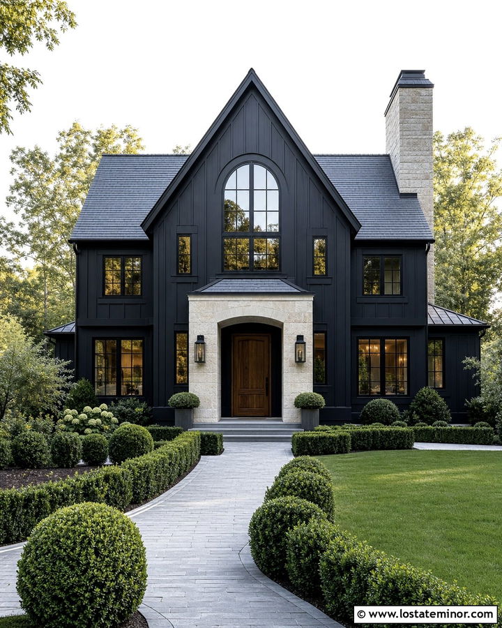 Jet Black Gable House With Arched Windows - 30 Jet Black House Design With Gables Ideas