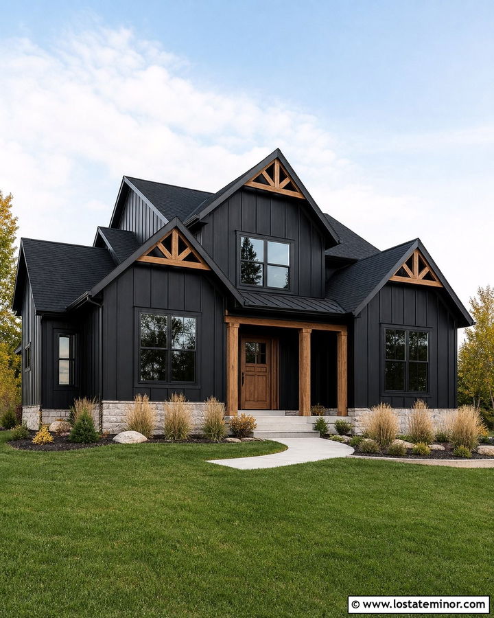 Jet Black Gable House With Cedar Trim - 30 Jet Black House Design With Gables Ideas
