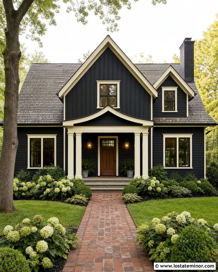 Jet Black Gable House With Cream Accents - 30 Jet Black House Design With Gables Ideas