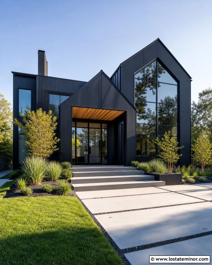 Jet Black Gable House With Glass Entry - 30 Jet Black House Design With Gables Ideas