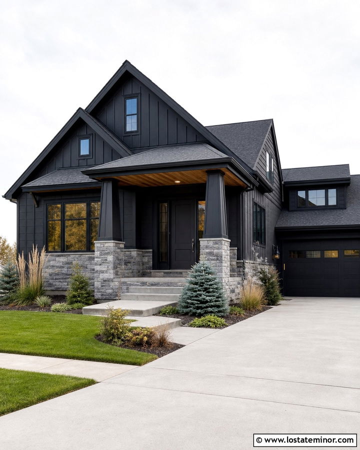 Jet Black Gable House With Gray Stone - 30 Jet Black House Design With Gables Ideas