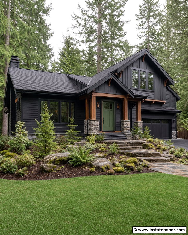 Jet Black Gable House With Green Front Door - 30 Jet Black House Design With Gables Ideas