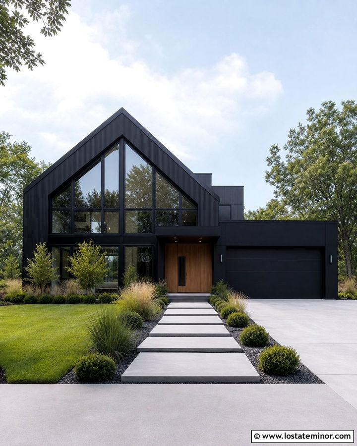 Jet Black Gable House With Large Windows - 30 Jet Black House Design With Gables Ideas