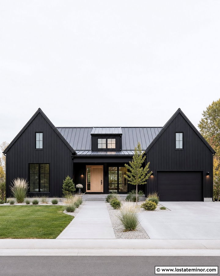 Jet Black Gable House With Minimalist Landscaping - 30 Jet Black House Design With Gables Ideas