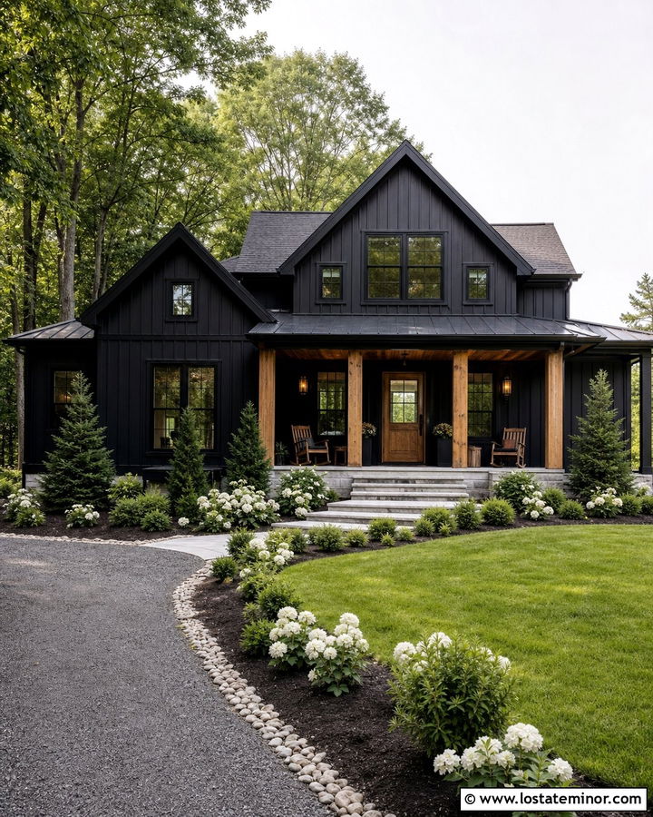 Jet Black Gable House With Modern Farmhouse Porch - 30 Jet Black House Design With Gables Ideas