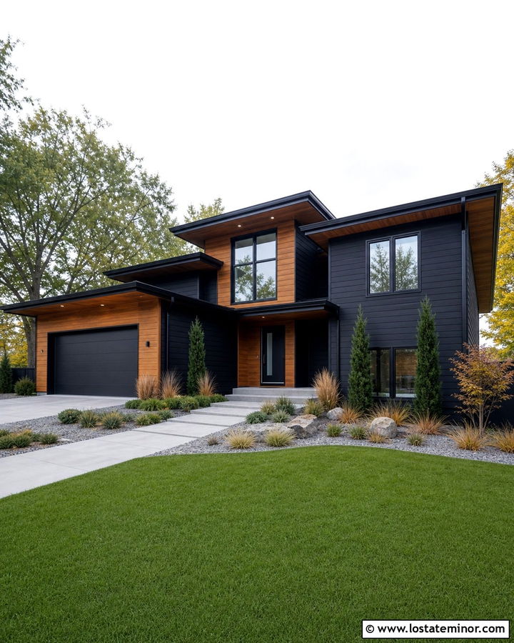 Jet Black Gable House With Natural Wood Siding - 30 Jet Black House Design With Gables Ideas