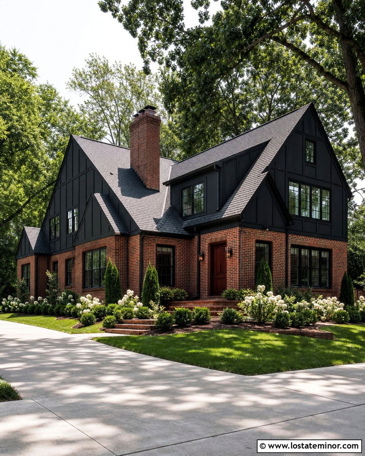 Jet Black Gable House With Red Brick - 30 Jet Black House Design With Gables Ideas