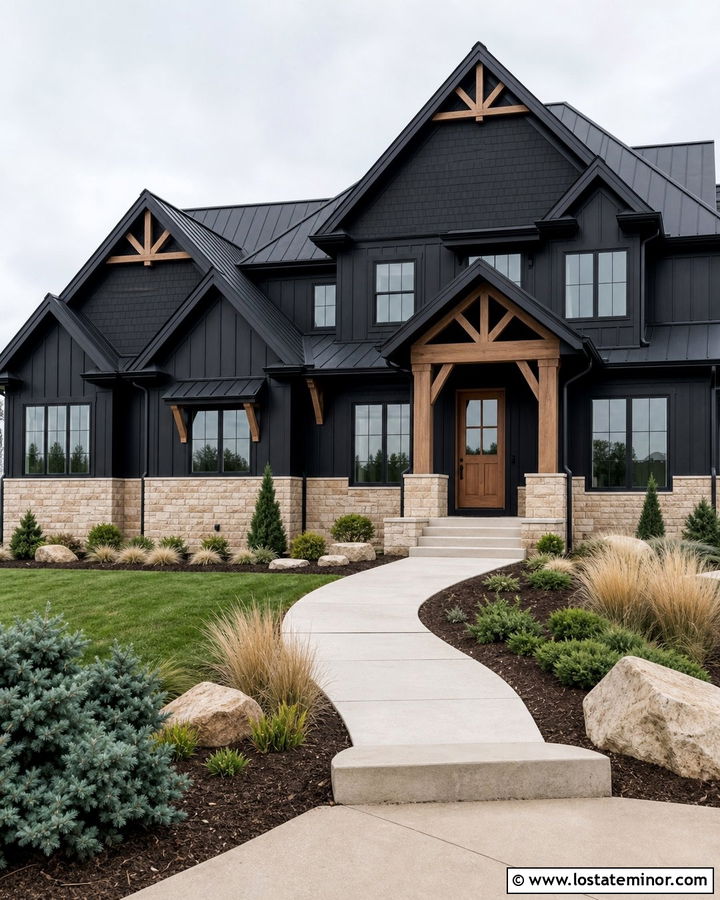 Jet Black Gable House With Sandstone Wainscoting - 30 Jet Black House Design With Wainscoting Ideas