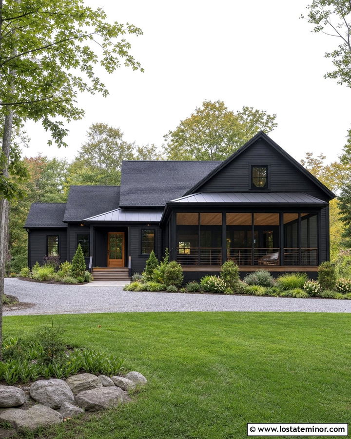Jet Black Gable House With Screened Porch - 30 Jet Black House Design With Gables Ideas