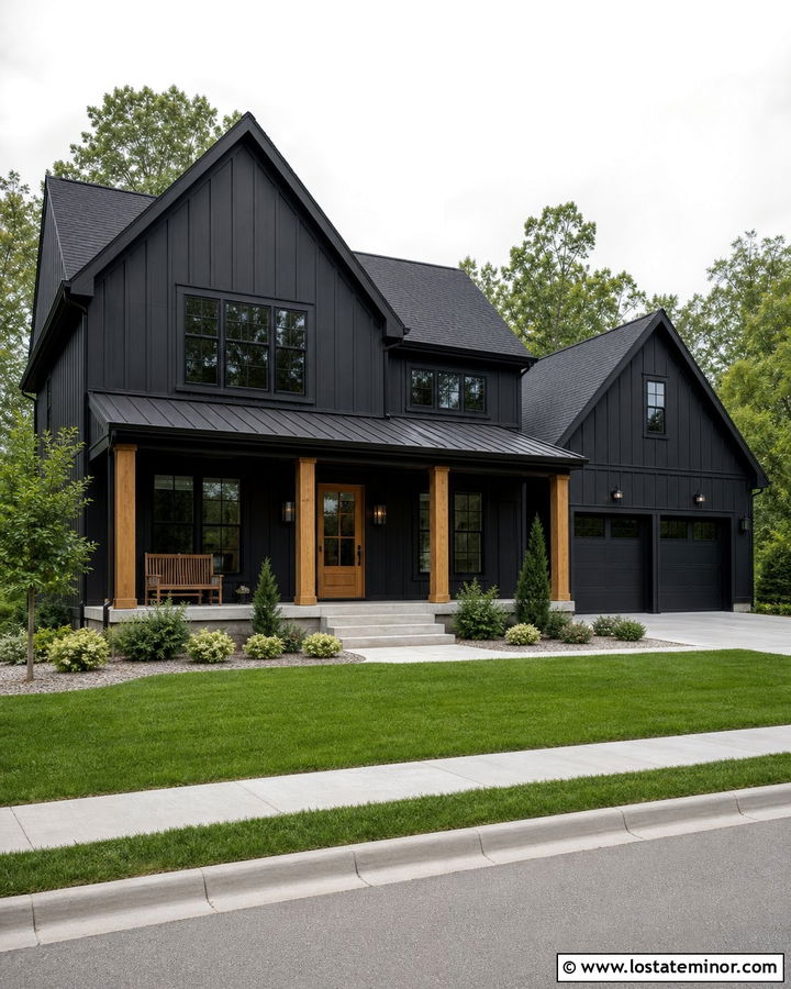 Jet Black Gable House With Shed Porch Roof - 30 Jet Black House Design With Gables Ideas