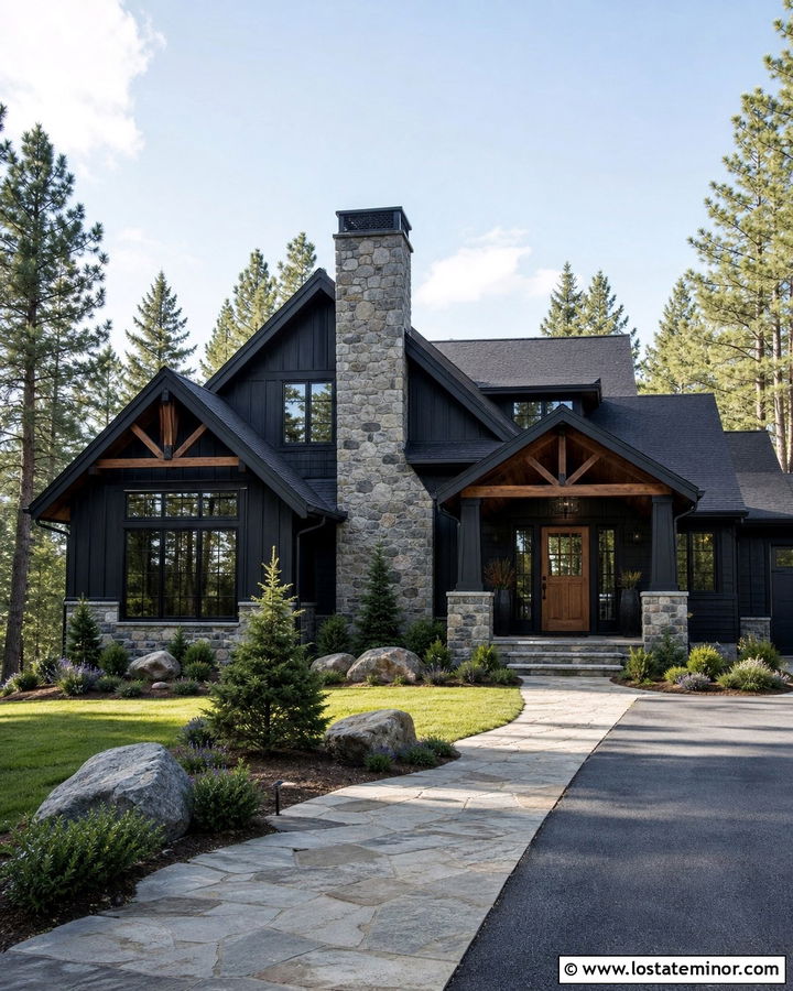 Jet Black Gable House With Stone Chimney - 30 Jet Black House Design With Gables Ideas