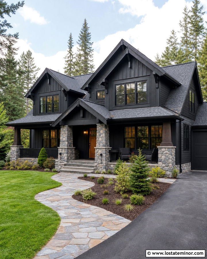 Jet Black Gable House With Stone Porch - 30 Jet Black House Design With Gables Ideas