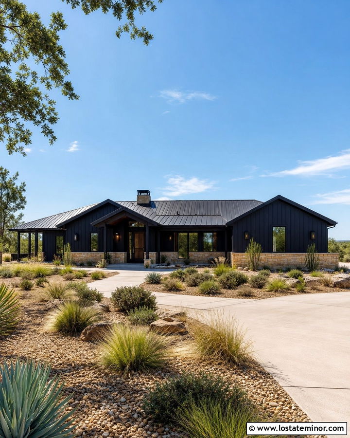 Jet Black Gable House With Tan Stone - 30 Jet Black House Design With Gables Ideas