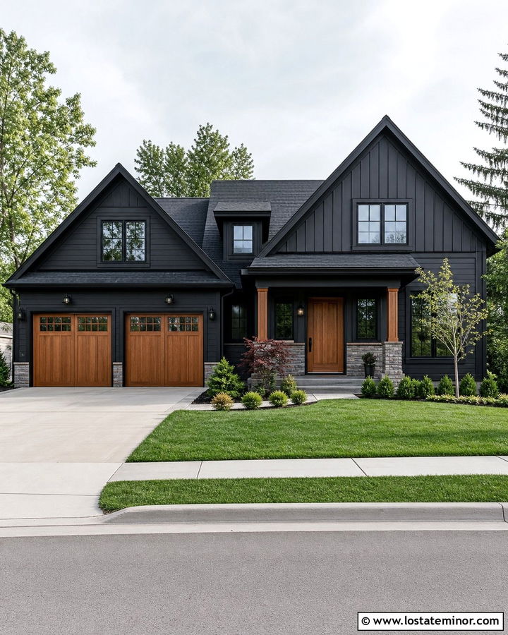Jet Black Gable House With Wood Garage Doors - 30 Jet Black House Design With Gables Ideas