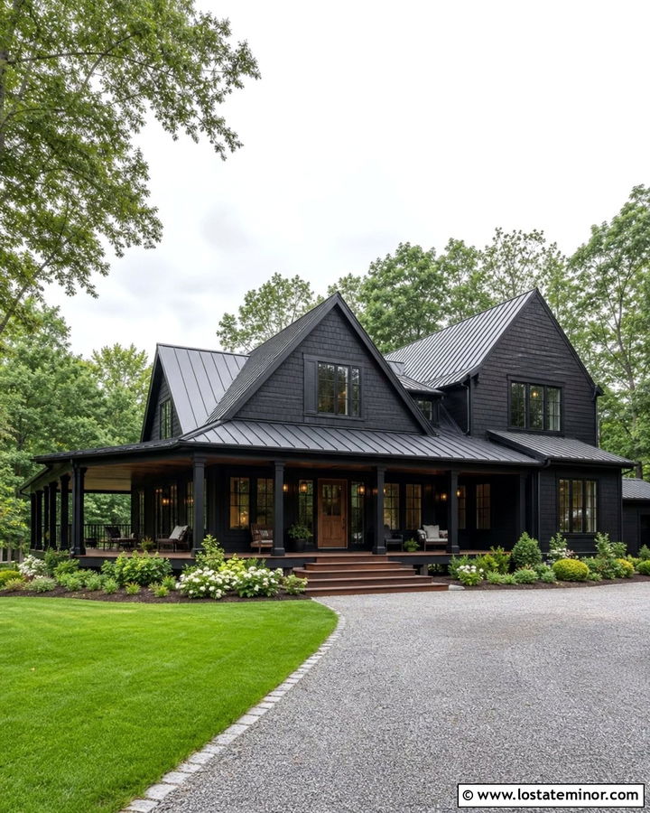 Jet Black Gable House With Wraparound Porch - 30 Jet Black House Design With Gables Ideas