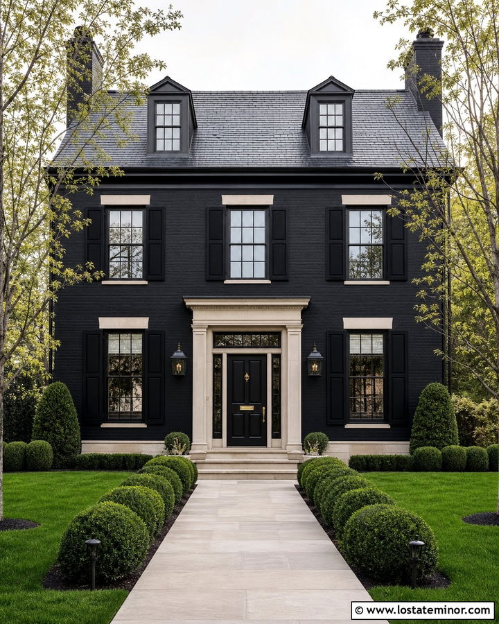 Jet Black Georgian House With Cut Stone - 30 Jet Black House Design With Stone Accents Ideas