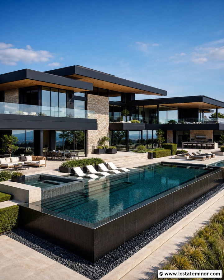 Jet Black Glass House With Luxury Pool - 30 Jet Black House Design With Swimming Pool Ideas