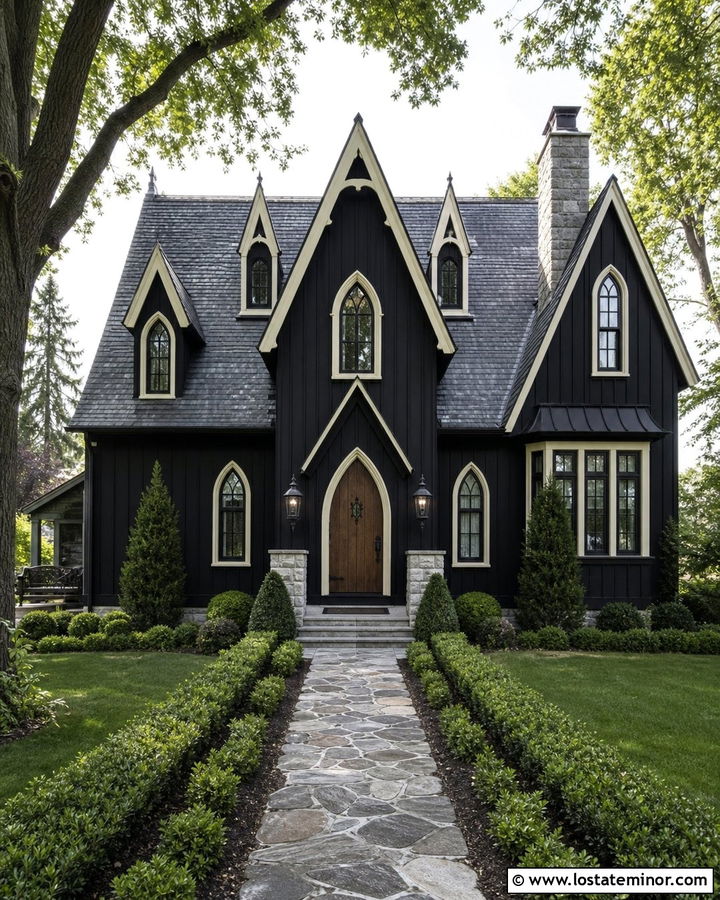 Jet Black Gothic Revival With Pointed Dormers - 30 Jet Black House Design With Dormers Ideas