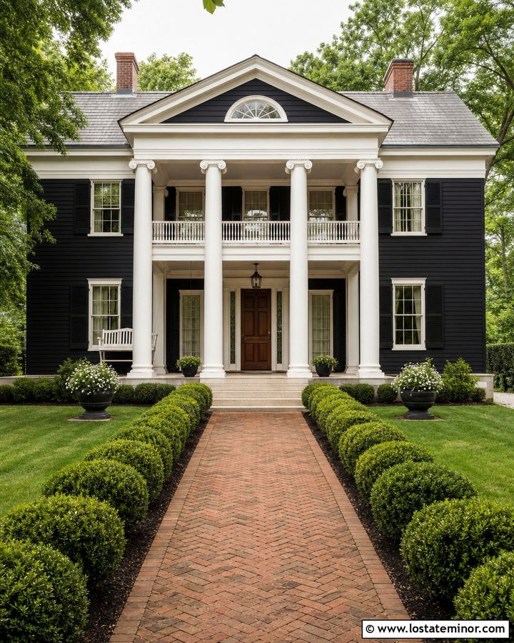 Jet Black Greek Revival House With White Swing - 30 Jet Black House Design With Swing Ideas