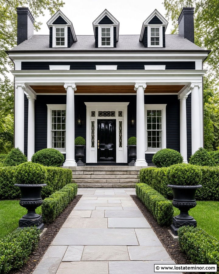 Jet Black Greek Revival With Symmetrical Dormers - 30 Jet Black House Design With Dormers Ideas