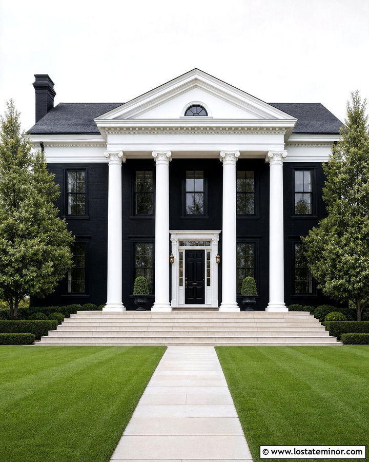 Jet Black Greek Revival With Tall White Porch Columns - 30 Jet Black House Design With Porch Columns Ideas
