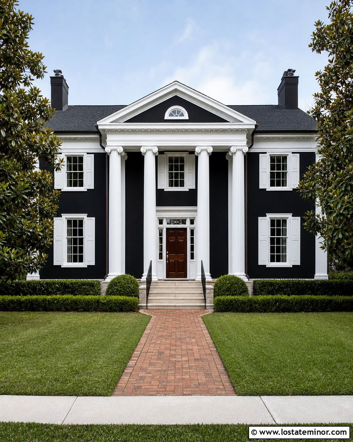 Jet Black Greek Revival With White Shutters - 30 Jet Black House Design With Shutters Ideas