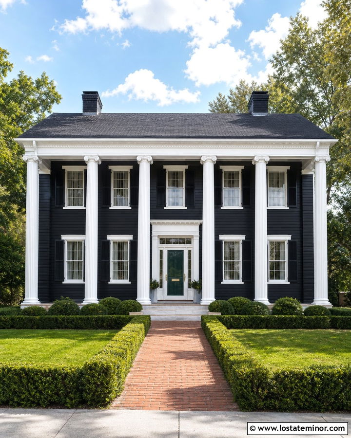 Jet Black Greek Revival With White Storm Door - 30 Jet Black House Design With Storm Door Ideas