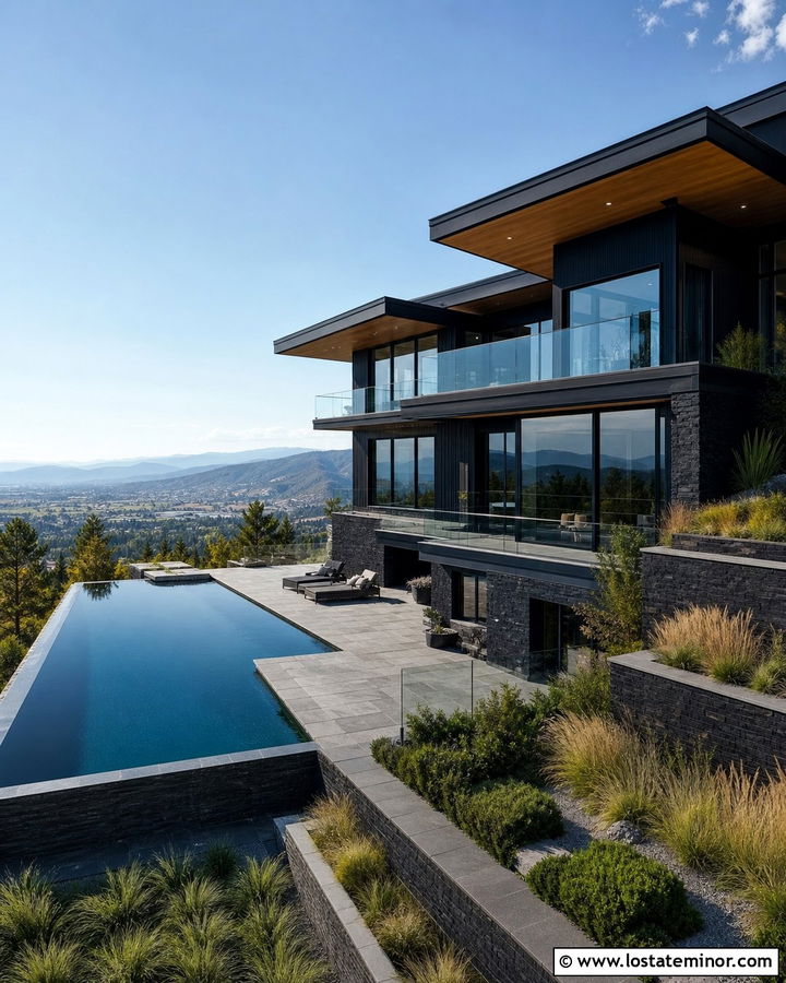 Jet Black Hillside House With Infinity Pool - 30 Jet Black House Design With Swimming Pool Ideas