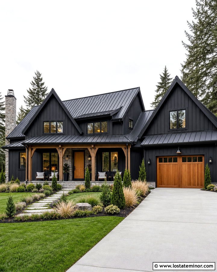 Jet Black House With A Black Metal Roof - 30 Jet Black House Design With Board and Batten Ideas