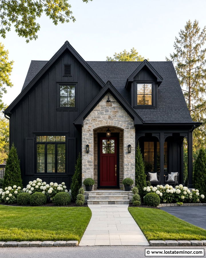 Jet Black House With A Red Front Door - 30 Jet Black House Design With Board and Batten Ideas