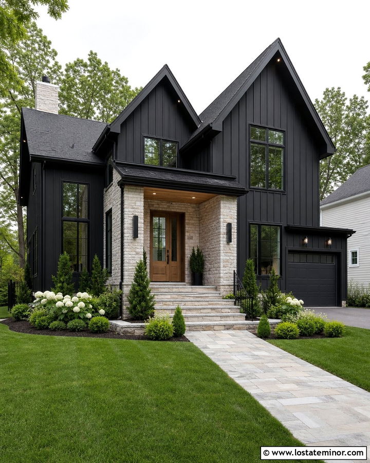 Jet Black House With A Stone Entry - 30 Jet Black House Design With Board and Batten Ideas