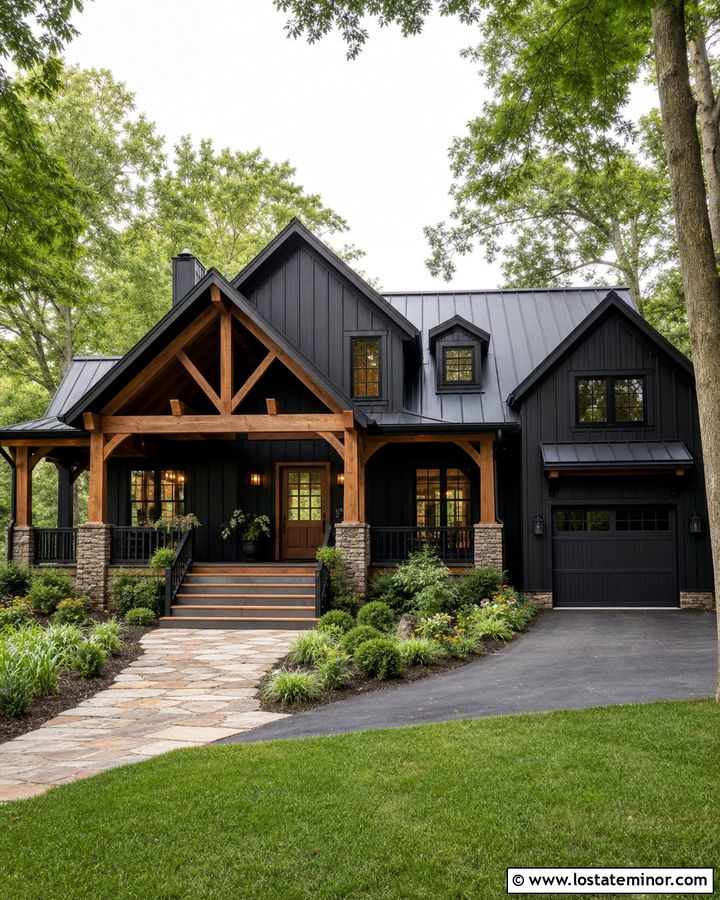 Jet Black House With A Timber Frame Porch - 30 Jet Black House Design With Board and Batten Ideas